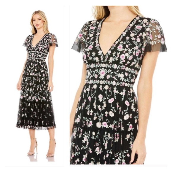 Mac Duggal 35104 NWT EMBROIDERED V NECK CAP SLEEVE MIDI DRESS - Picture 1 of 13